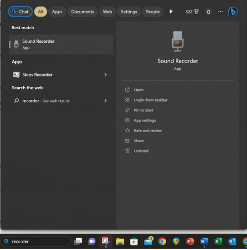 Windows Sound Recorder in windows menu