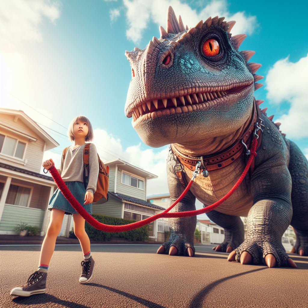 A girl walking a pet dinosaur