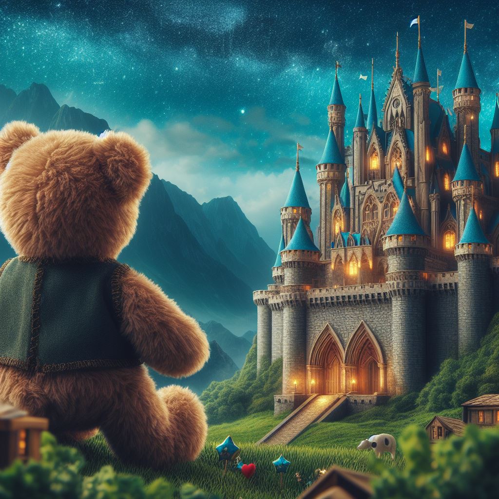 A fantasy scene with a bear and a castle