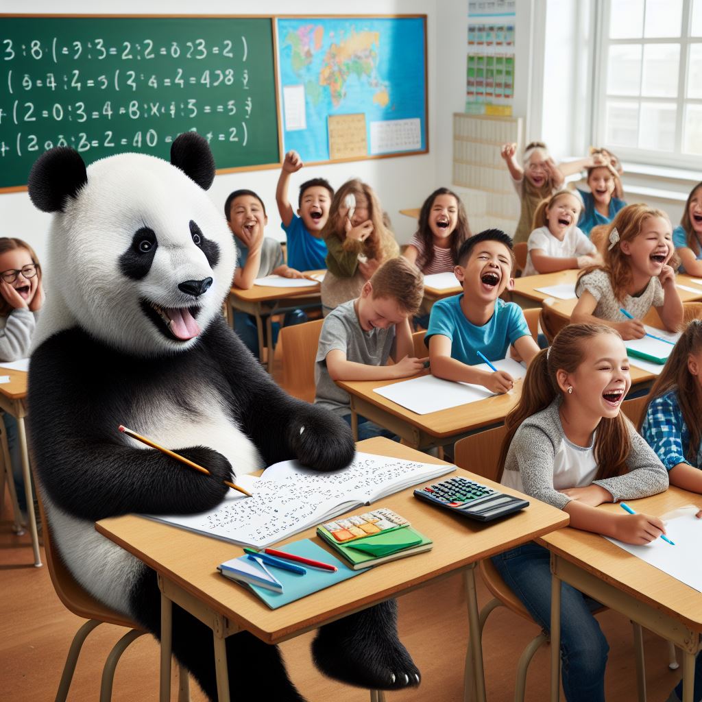 A panda doing maths in a classroom